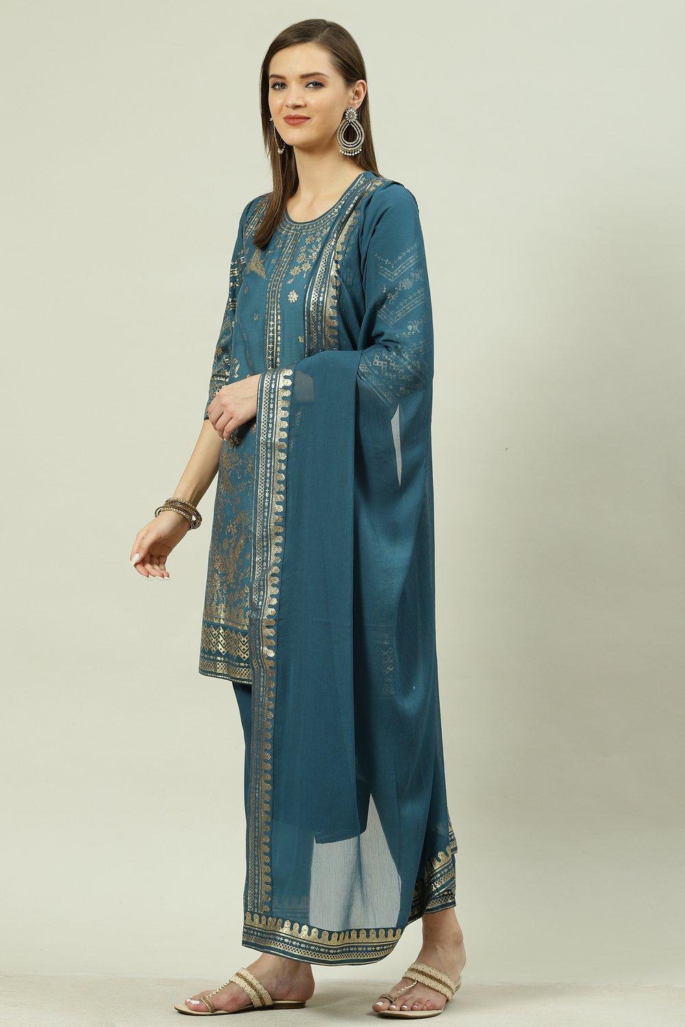 Teal Printed Straight Kurta Slim Pant Suit Set image number 7