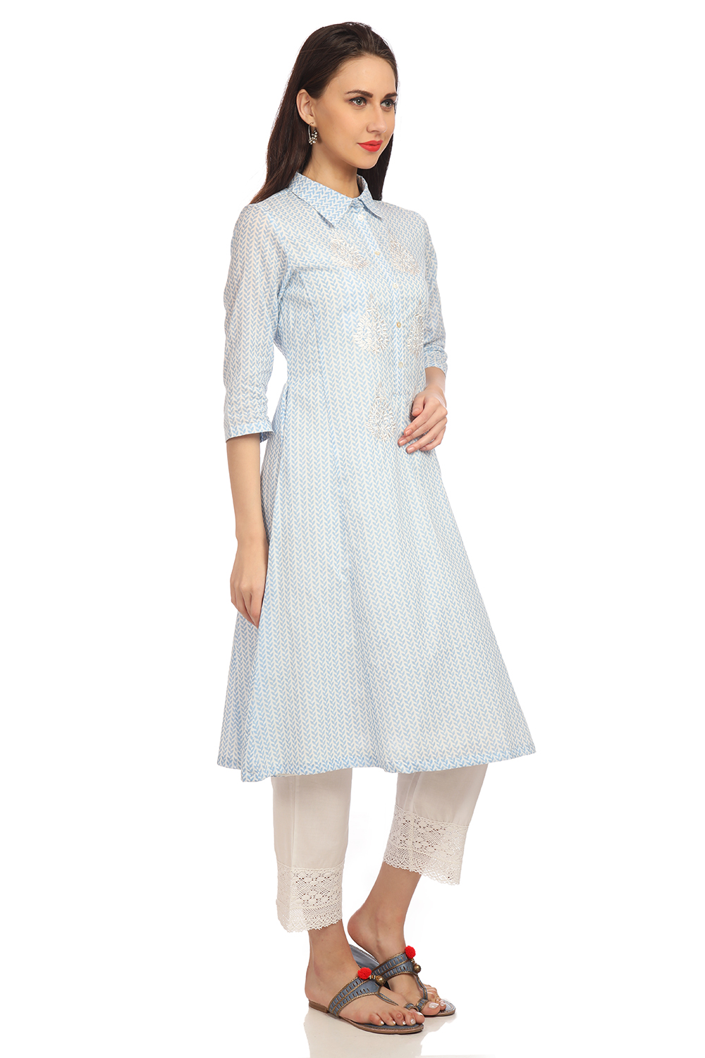 Sky Blue A-Line Chikankari Cotton Printed Kurta image number 2