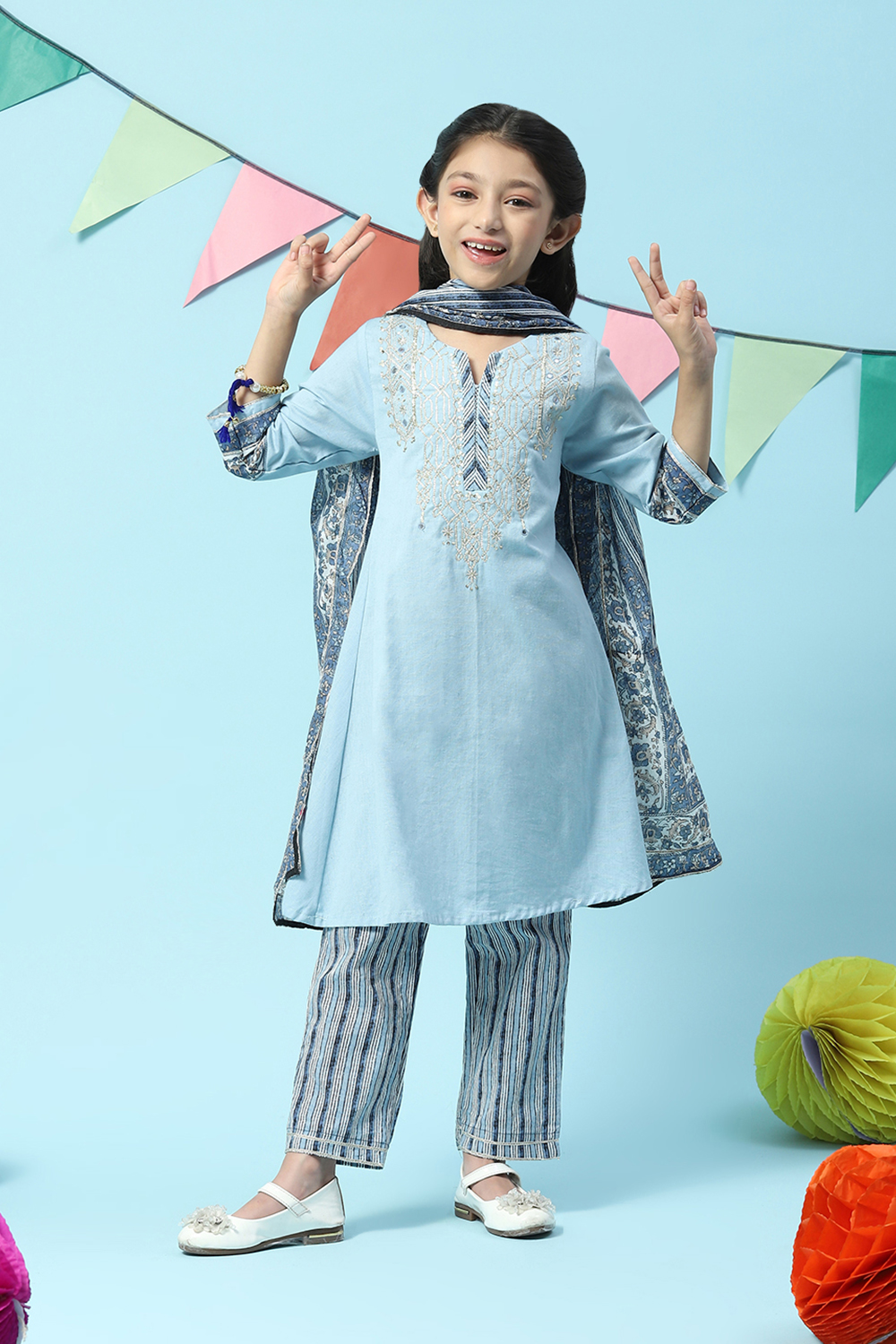 Powder Blue Cotton Kalidar Kurta Slim Pants Suit Set image number 0