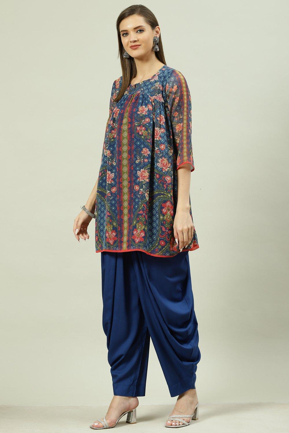 Blue & Navy Blue Printed Gathered Suit Set image number 3