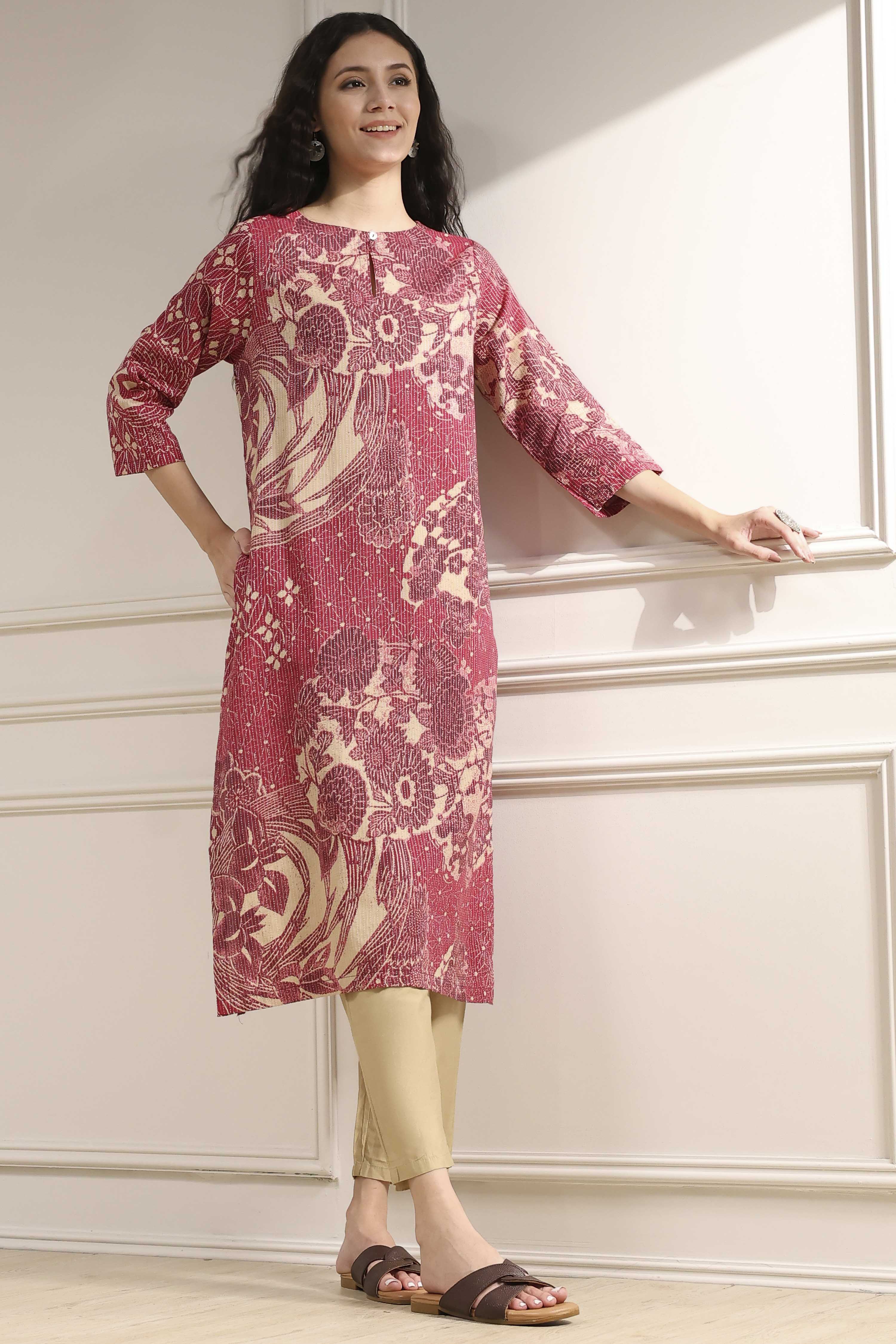 Onion Pink Cotton Printed Straight Kurta image number 0