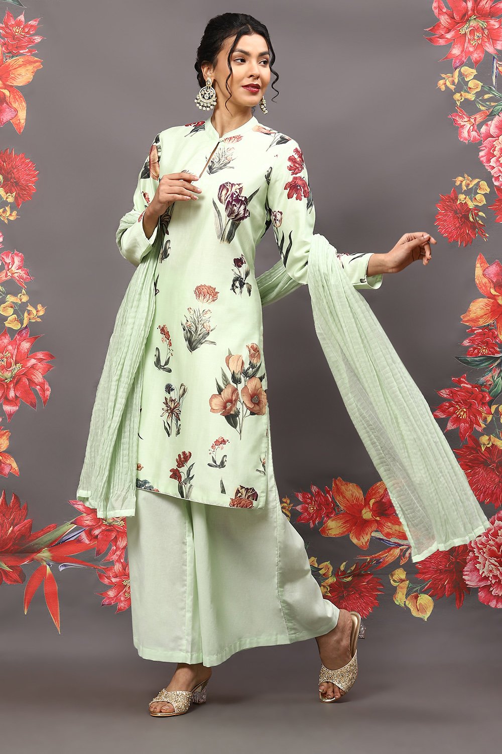 Rohit Bal Mint Green Cotton Blend Straight Kurta Suit Set image number 5