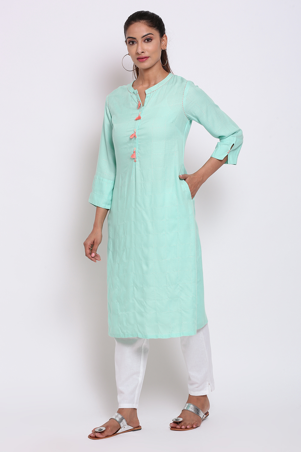 Aqua Rayon Straight Kurta image number 4