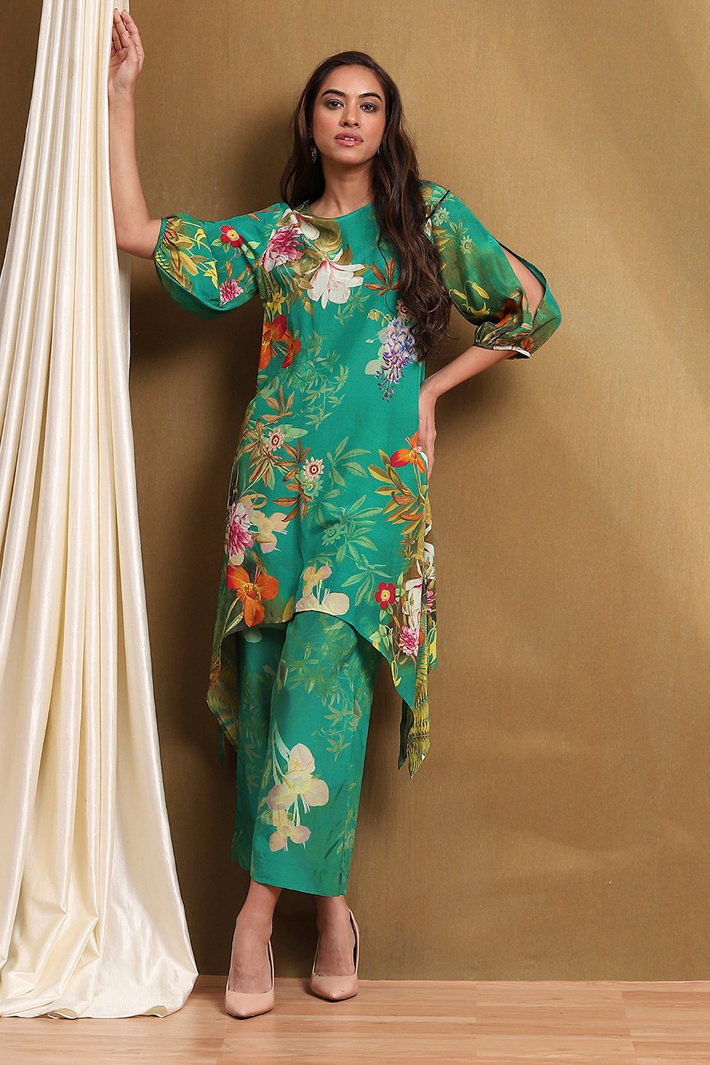 Green Modal Floral Printed Asymmetric Kurta Set image number 0