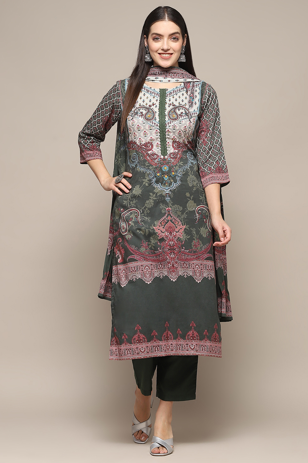 Olive Cotton Unstitched Suit set image number 8