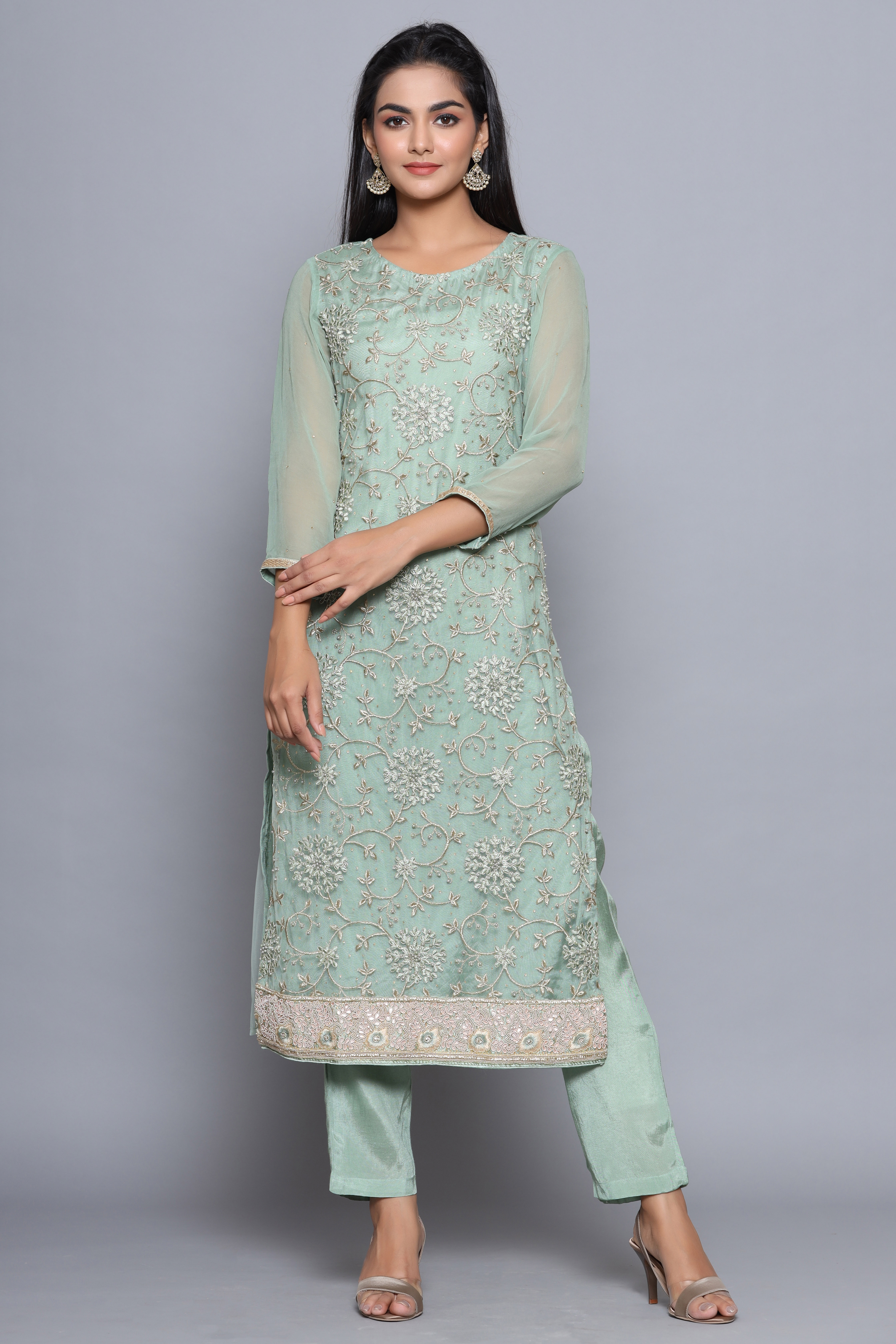 Pista Green Fancy NetÂ  Easy Stitch Suit Set image number 4