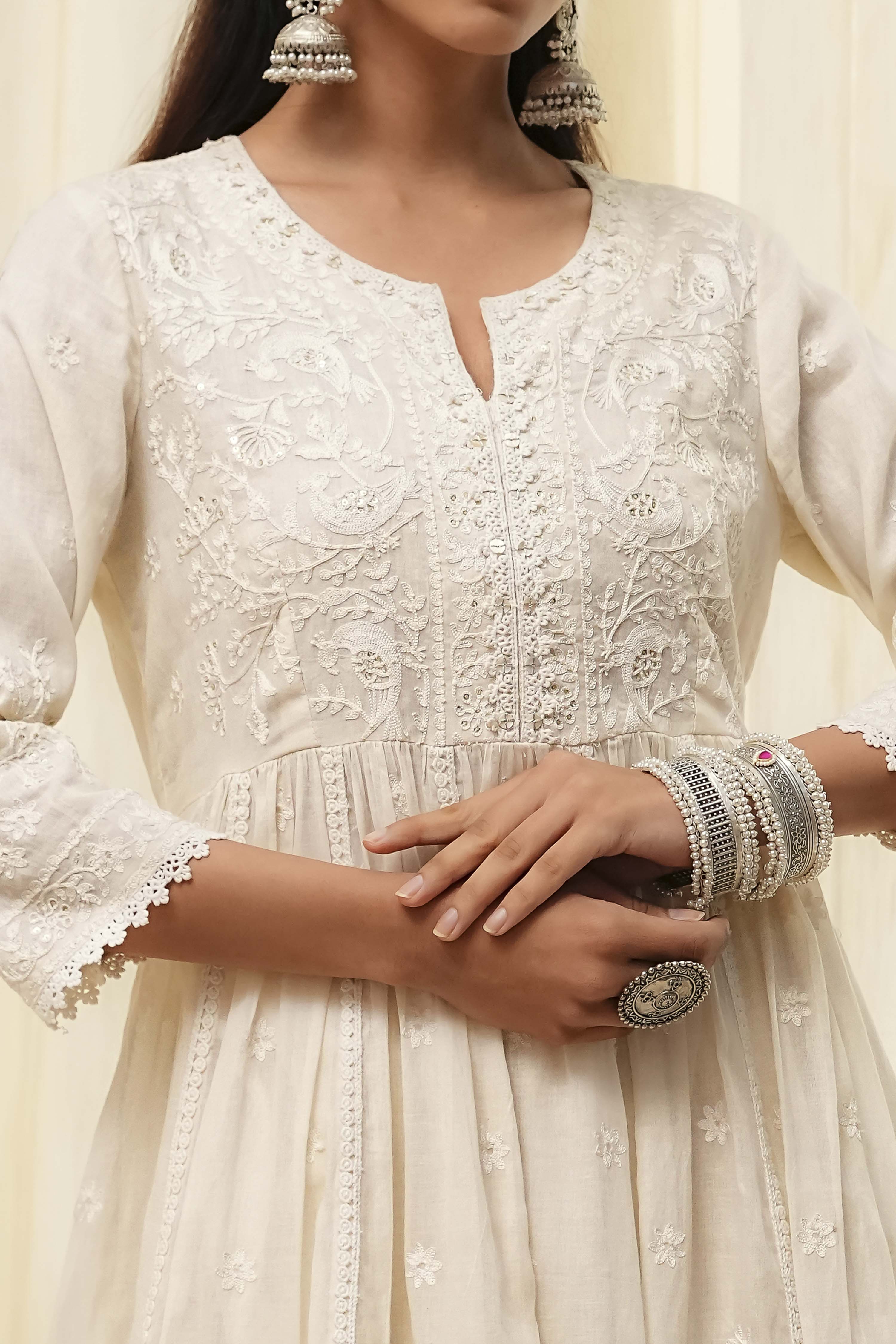 Off-White Cotton Embroidered Flared Suit Set image number 1