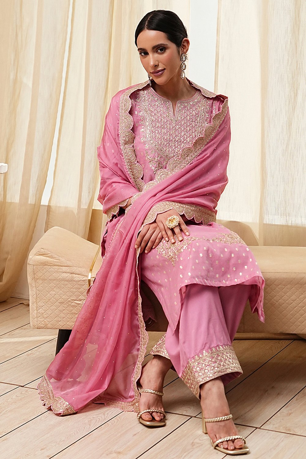 Powder Pink Embroidered Straight Suit Set image number 0