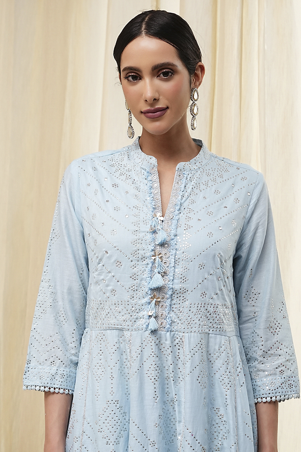 Off-White Cotton Embellished Anarkali Suit Set image number 1