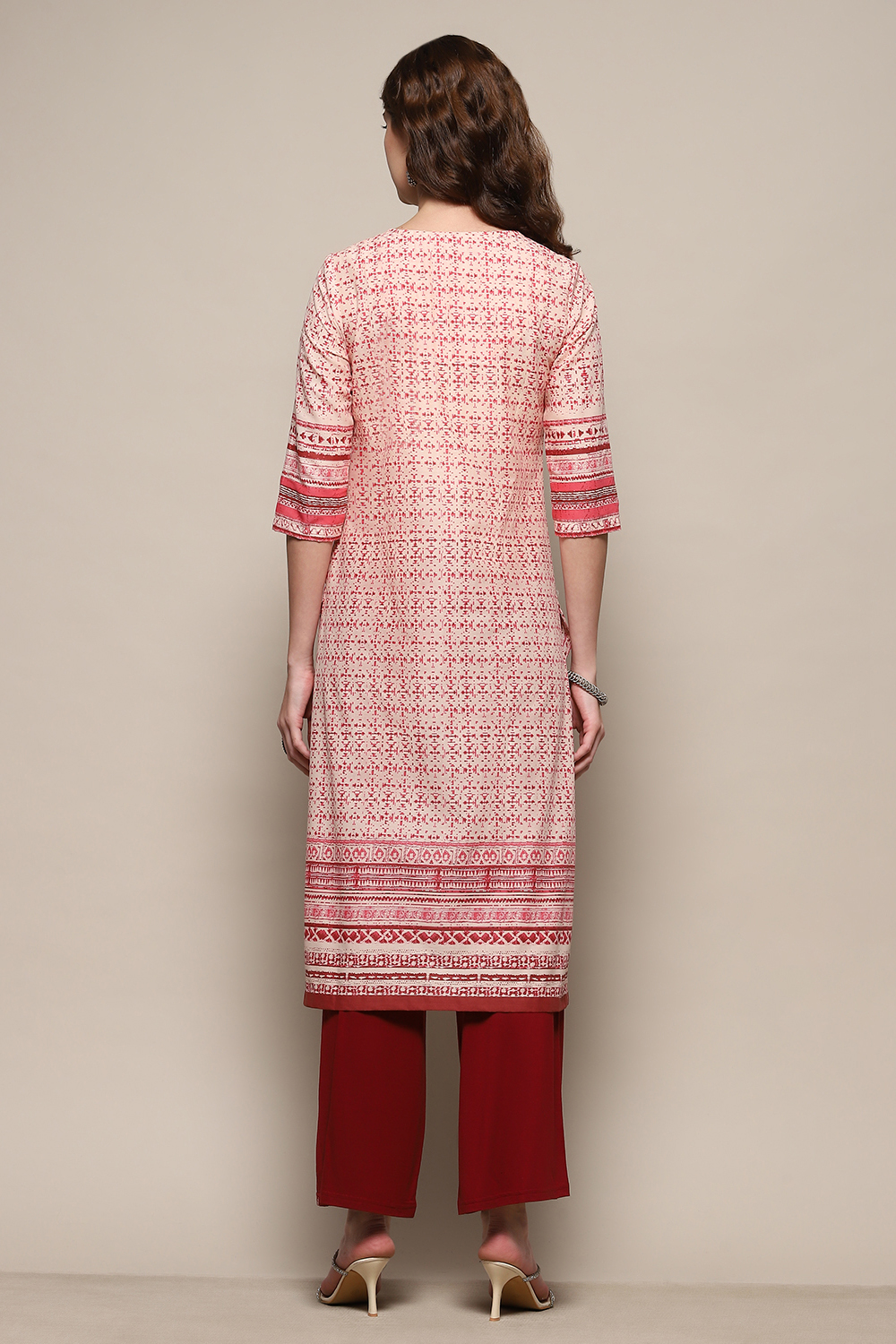 Rust & Off-white Cotton Printed Straight Kurta image number 3
