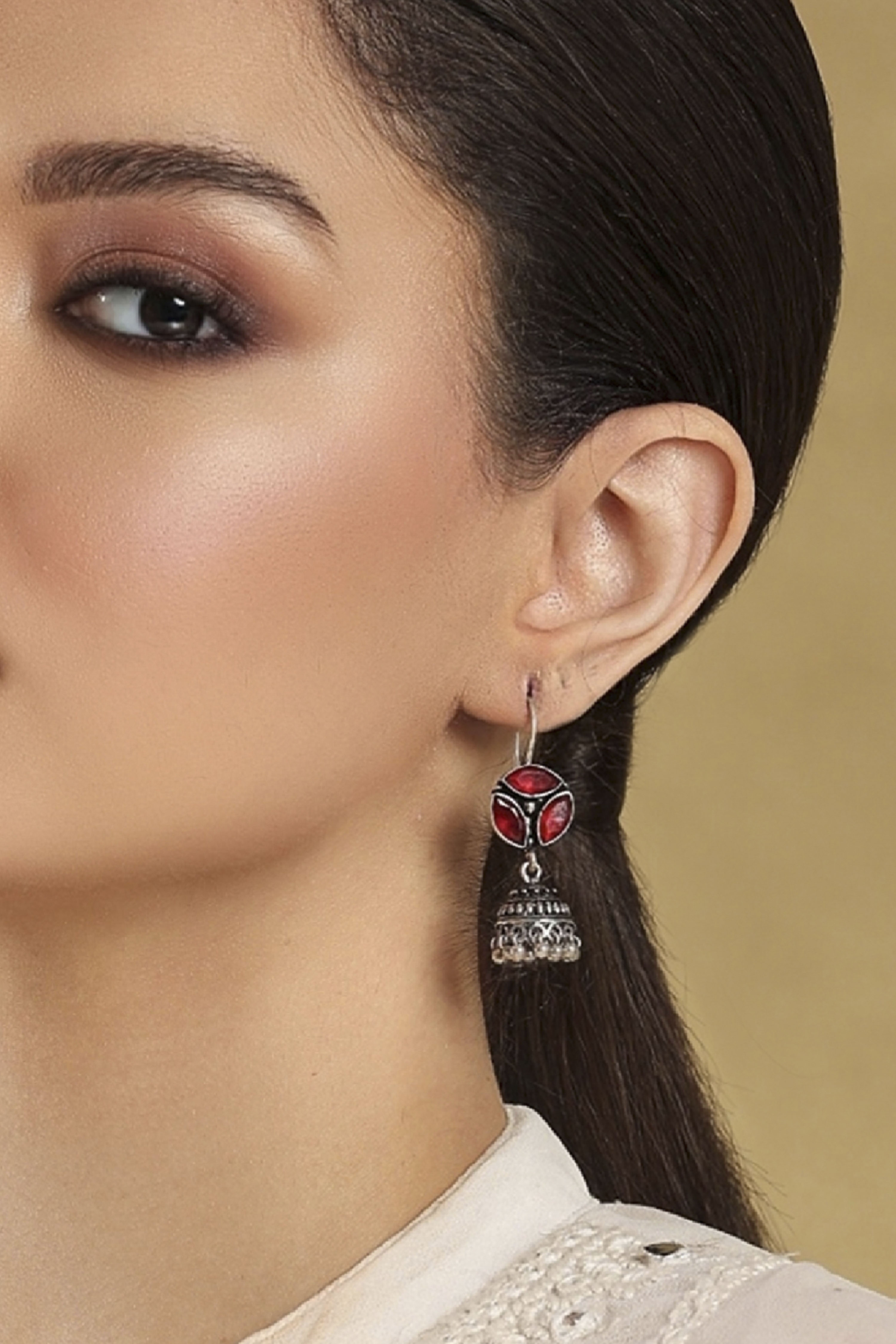 Red & Silver Toned Brass Studded Jhumkas image number 1