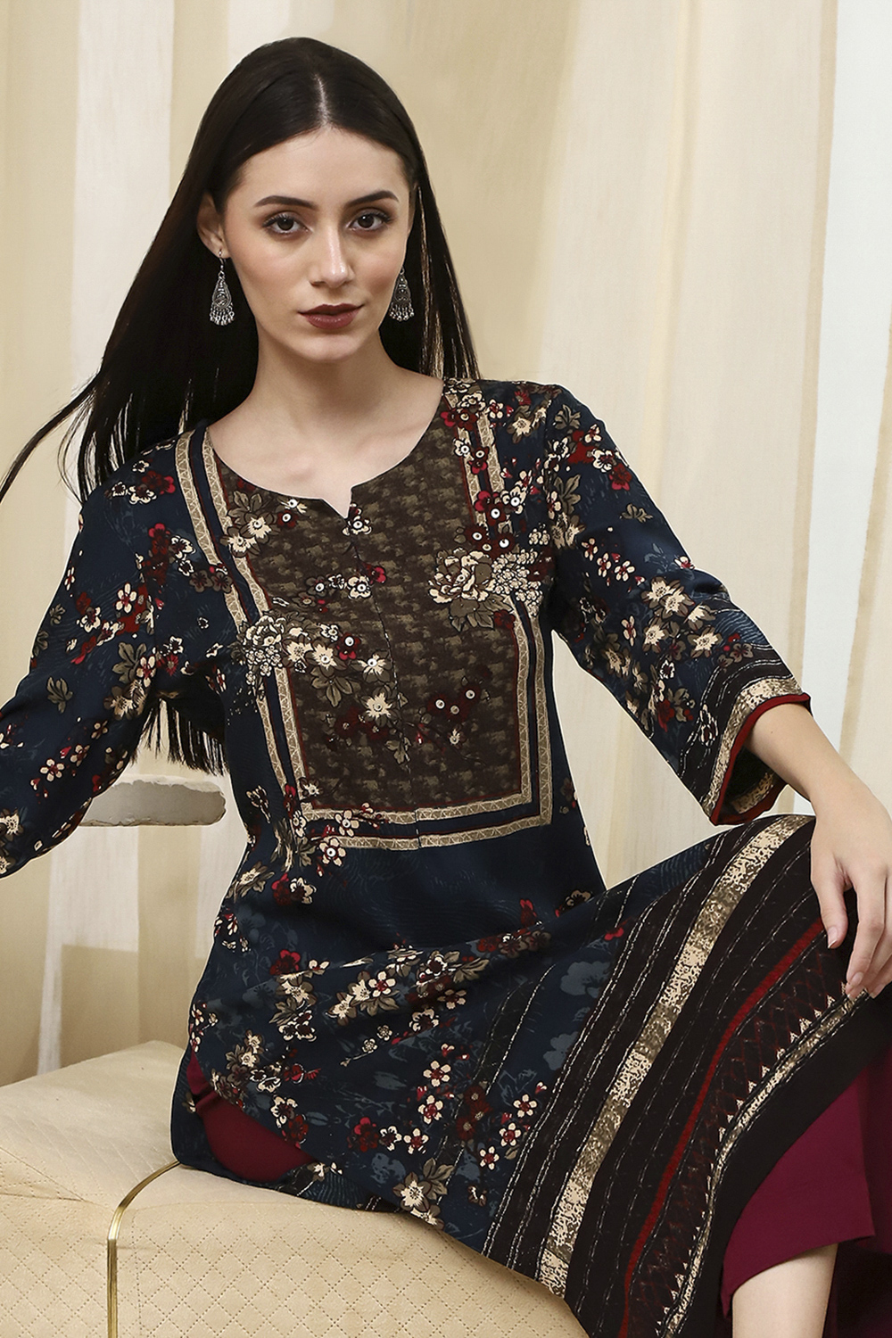 Teal Floral Printed Straight Kurta image number 0