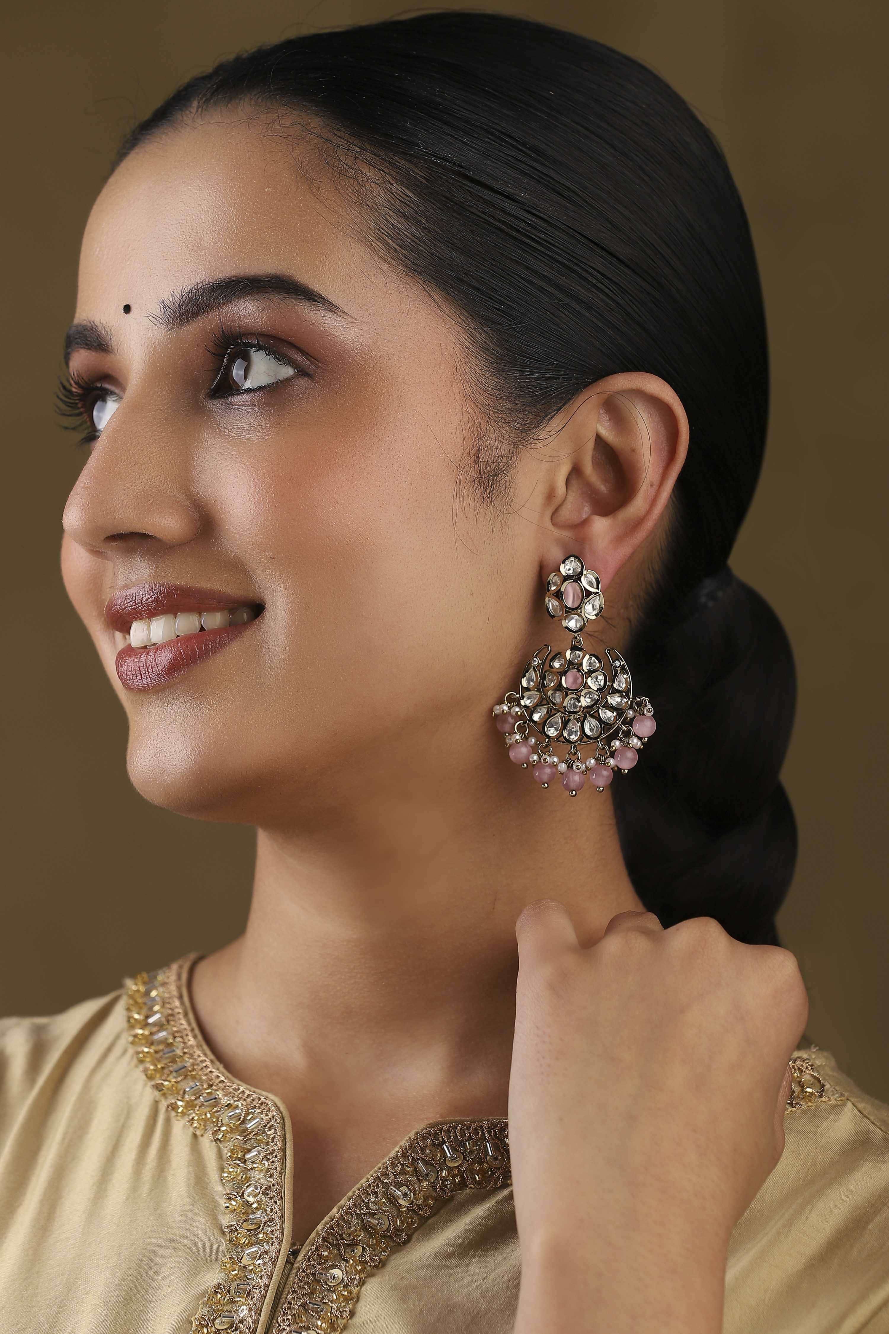 Light Pink Gold Plated Studded Drop Earrings image number 5