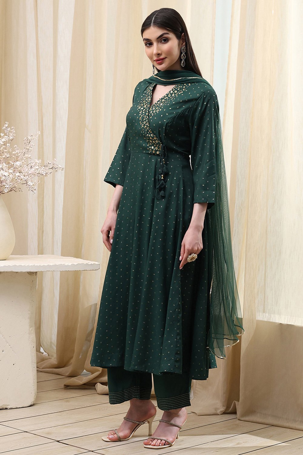 Dark Green Shantoon Printed Anarkali Suit Set image number 3