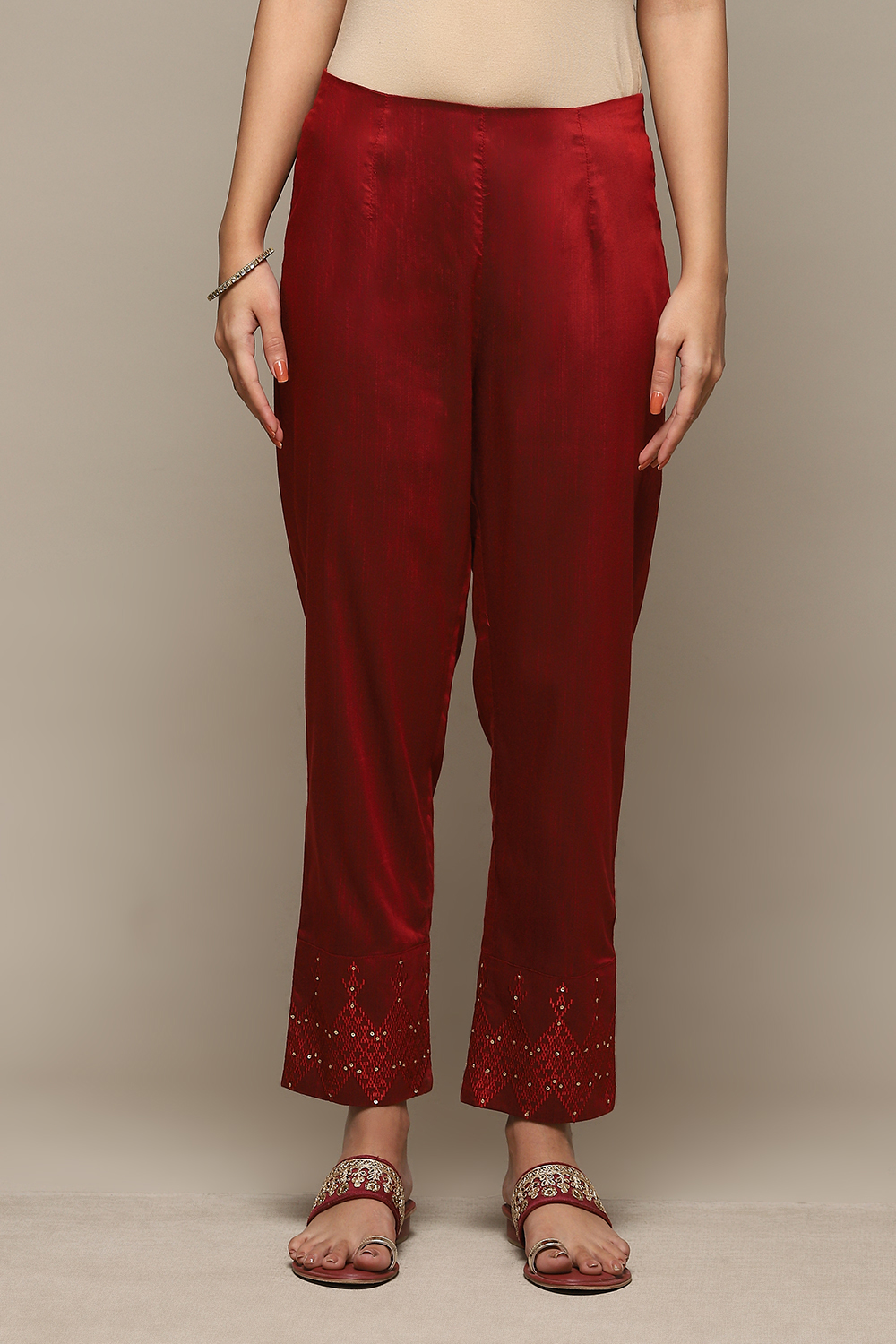 Maroon Viscose Yarndyed Narrow Pants image number 5