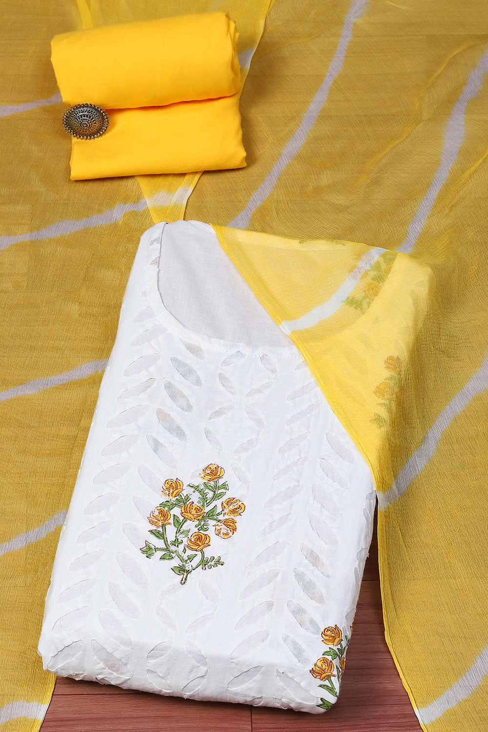 Yellow White Cotton Unstitched Suit set image number 0