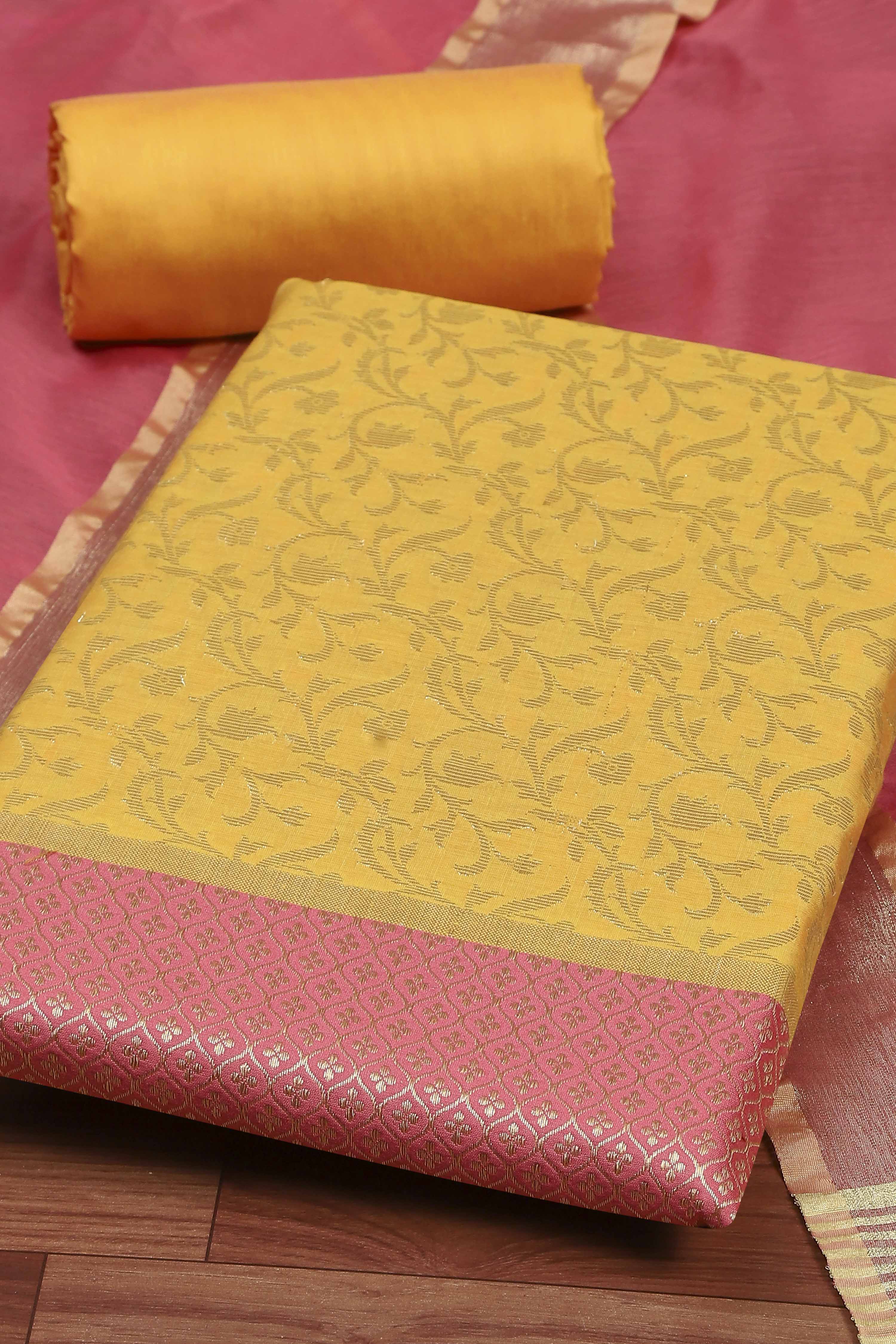 Pink Cotton Printed Embroidered Unstitched Suit Set image number 1