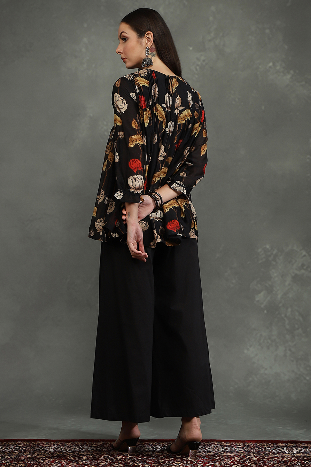 Rohit Bal Cream-Colored Silk Chanderi Floral Printed Gathered Co-ord Set image number 4