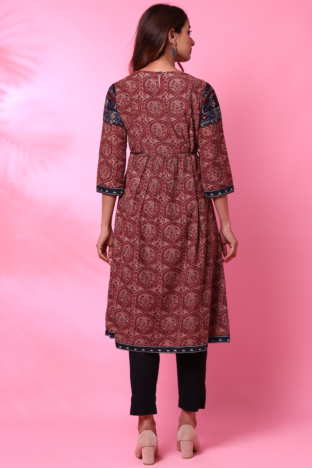 Rust Art Silk A-Line Printed Kurta image number 4