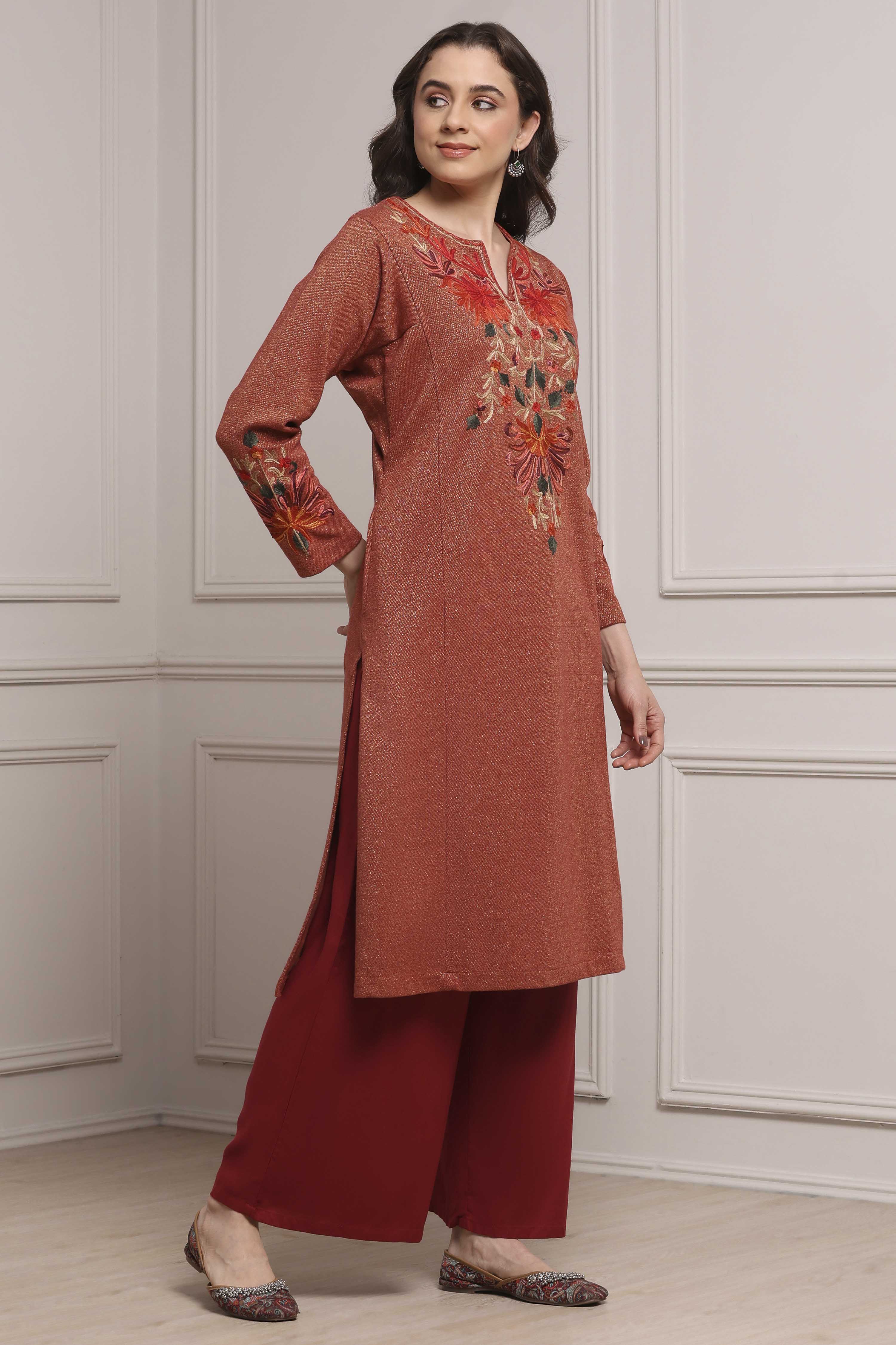 Rust Polyester Yarndyed Straight Kurta image number 4
