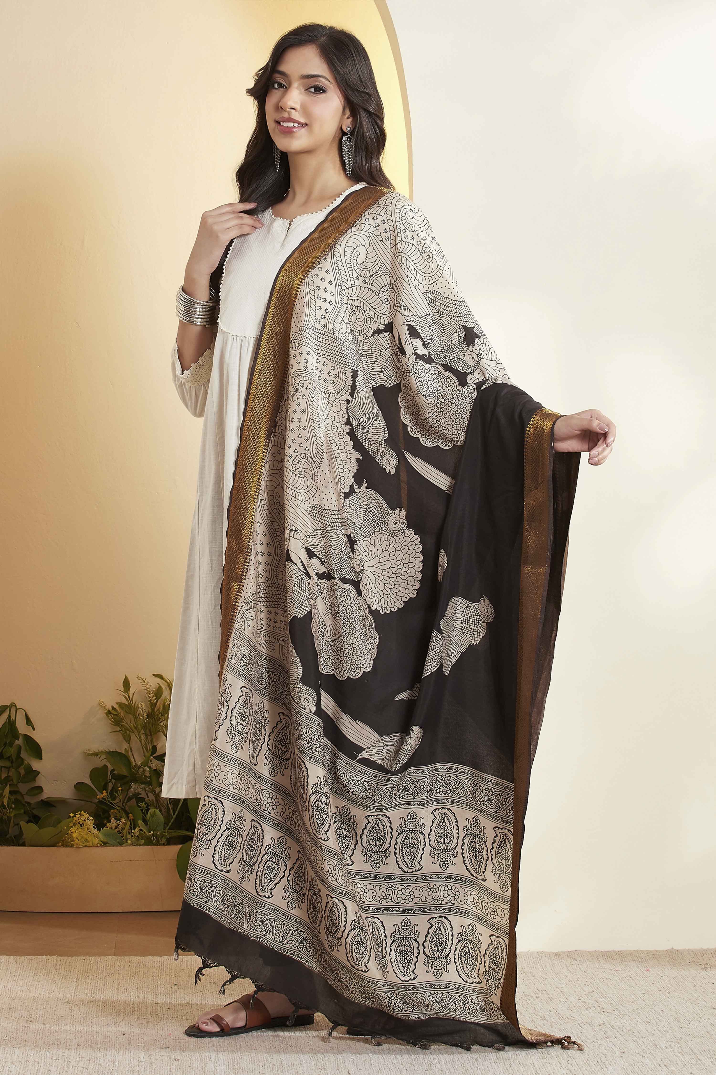 Black Chennur Silk Printed Dupatta image number 3