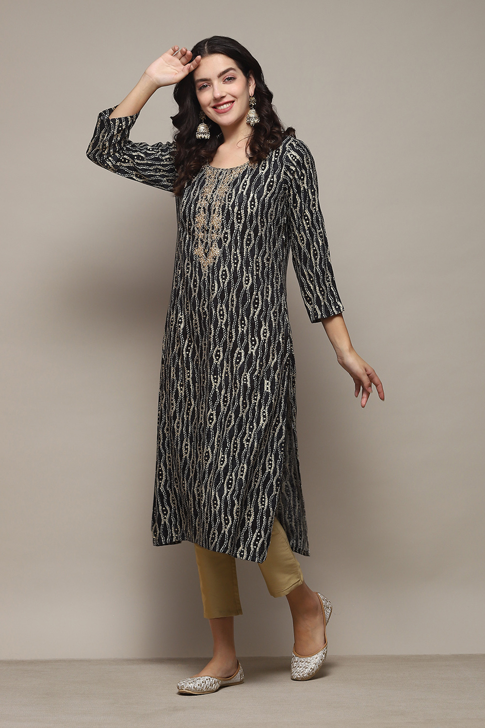 Black Rayon Straight Printed Kurta image number 1