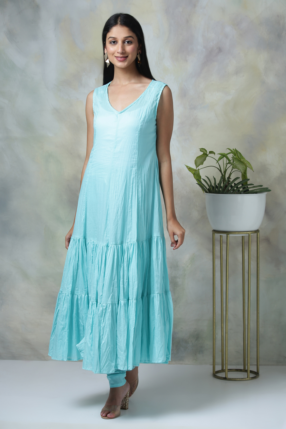 Turquoise Cotton Double Layered Kurta Churidar Suit Set image number 4