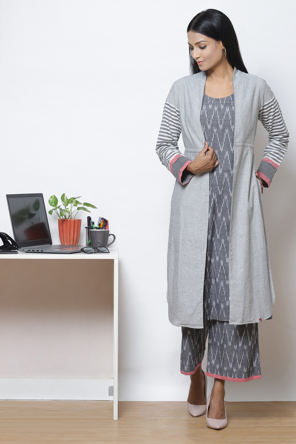 Grey Straight Cotton Fusion Wear 3 Piece Set image number 3