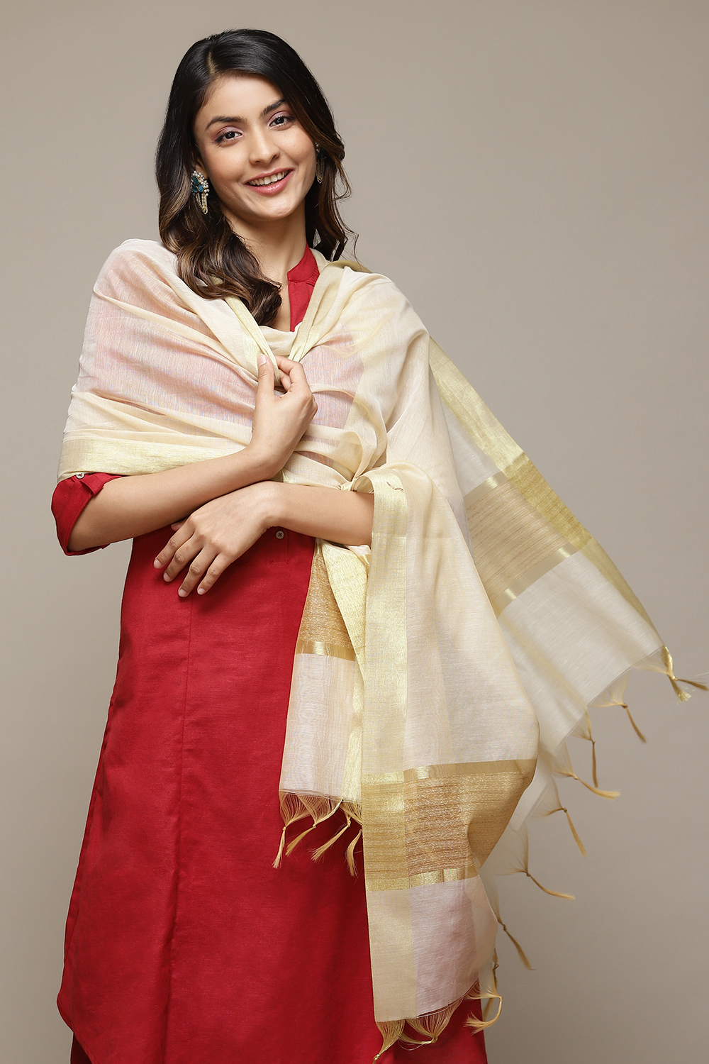 Cream Cotton Blend Dupatta image number 1