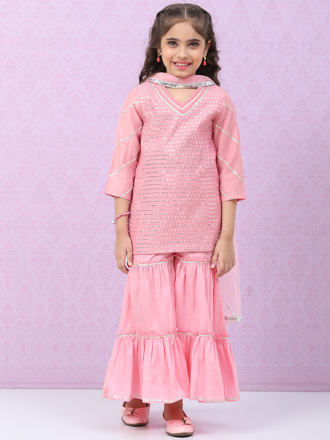 Pink Art Silk Straight Kurta Sharara Suit Set image number 0