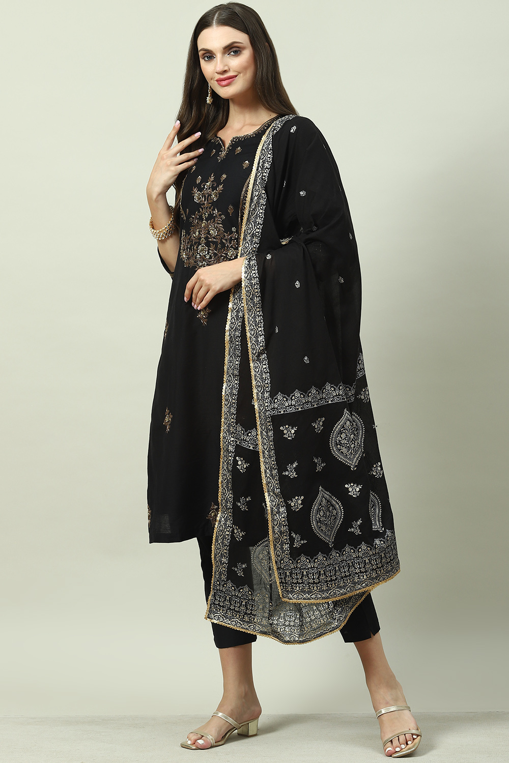 Black Poly Viscose A-Line Kurta Slim Pants Suit Set image number 5