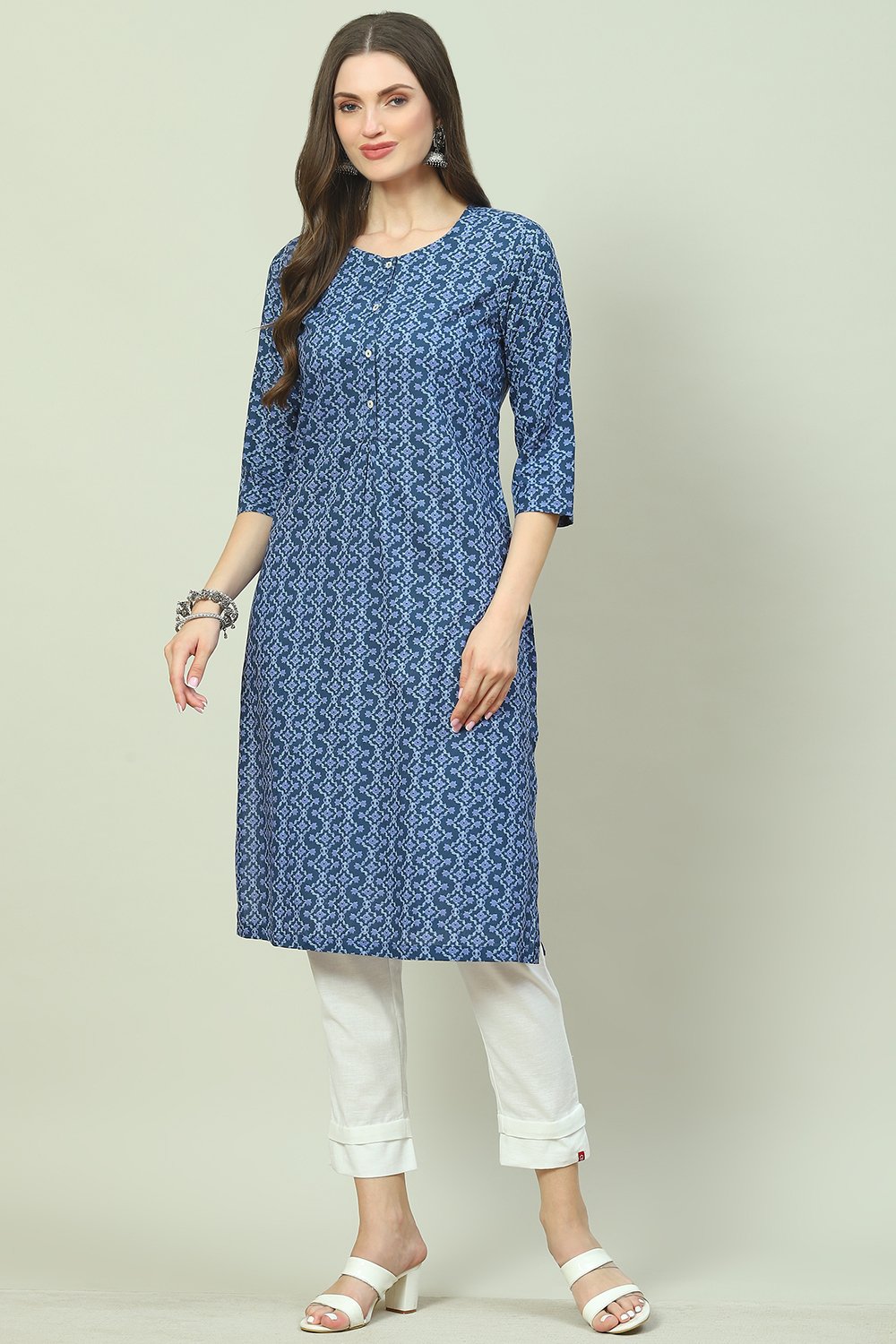 Blue Cotton Printed Kurta image number 0