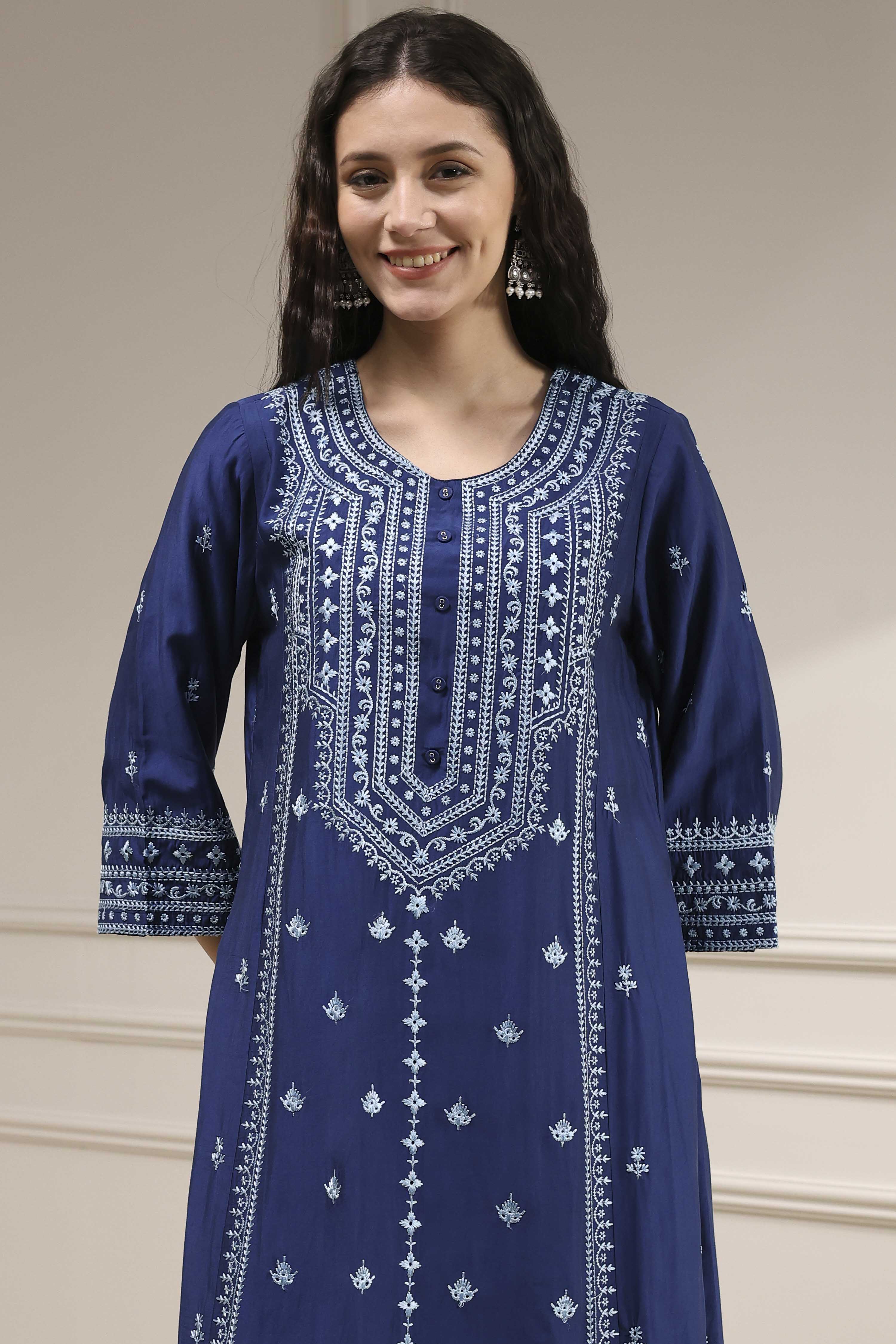 Blue Dyed Printed Straight Suit Set image number 1