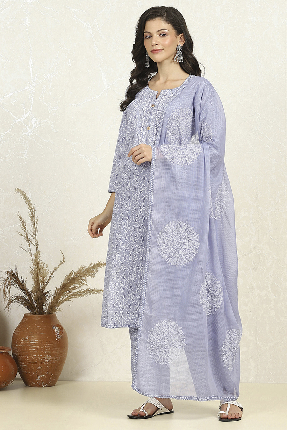 Blue Cotton Unstitched Suit Set image number 4