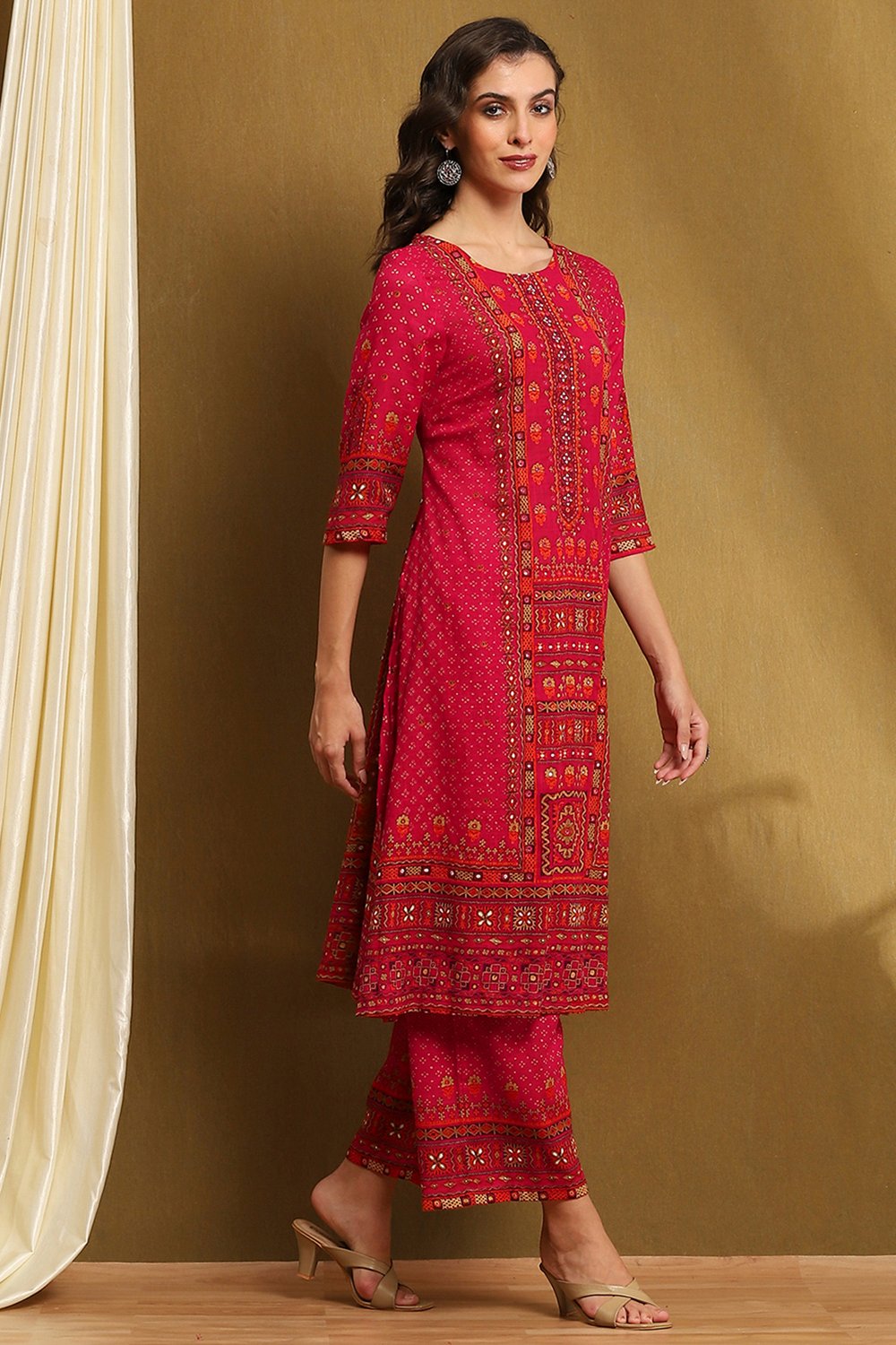 Fuchsia Cotton Printed A-Line Kurta Set image number 5
