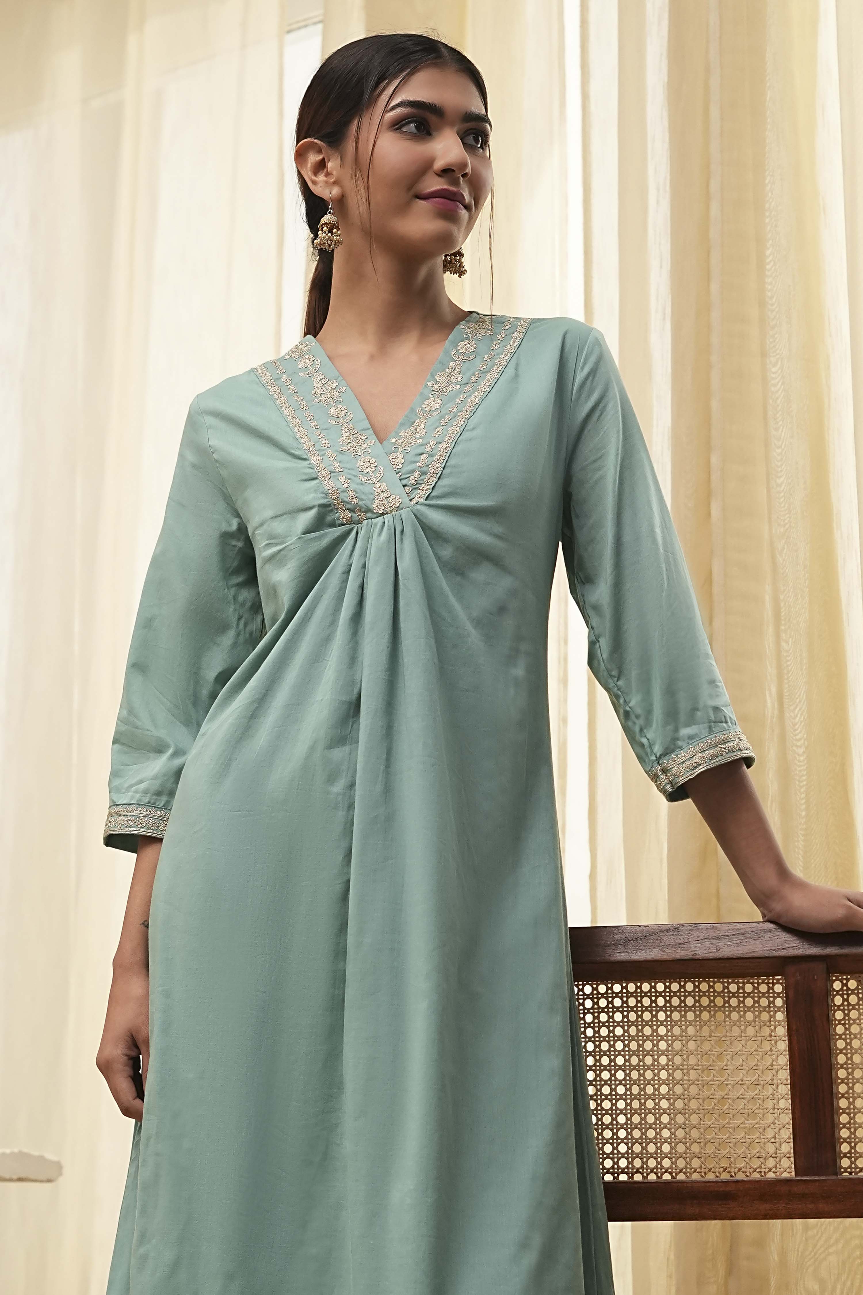 Dull Blue Pure Cotton Gathered Kurta image number 6