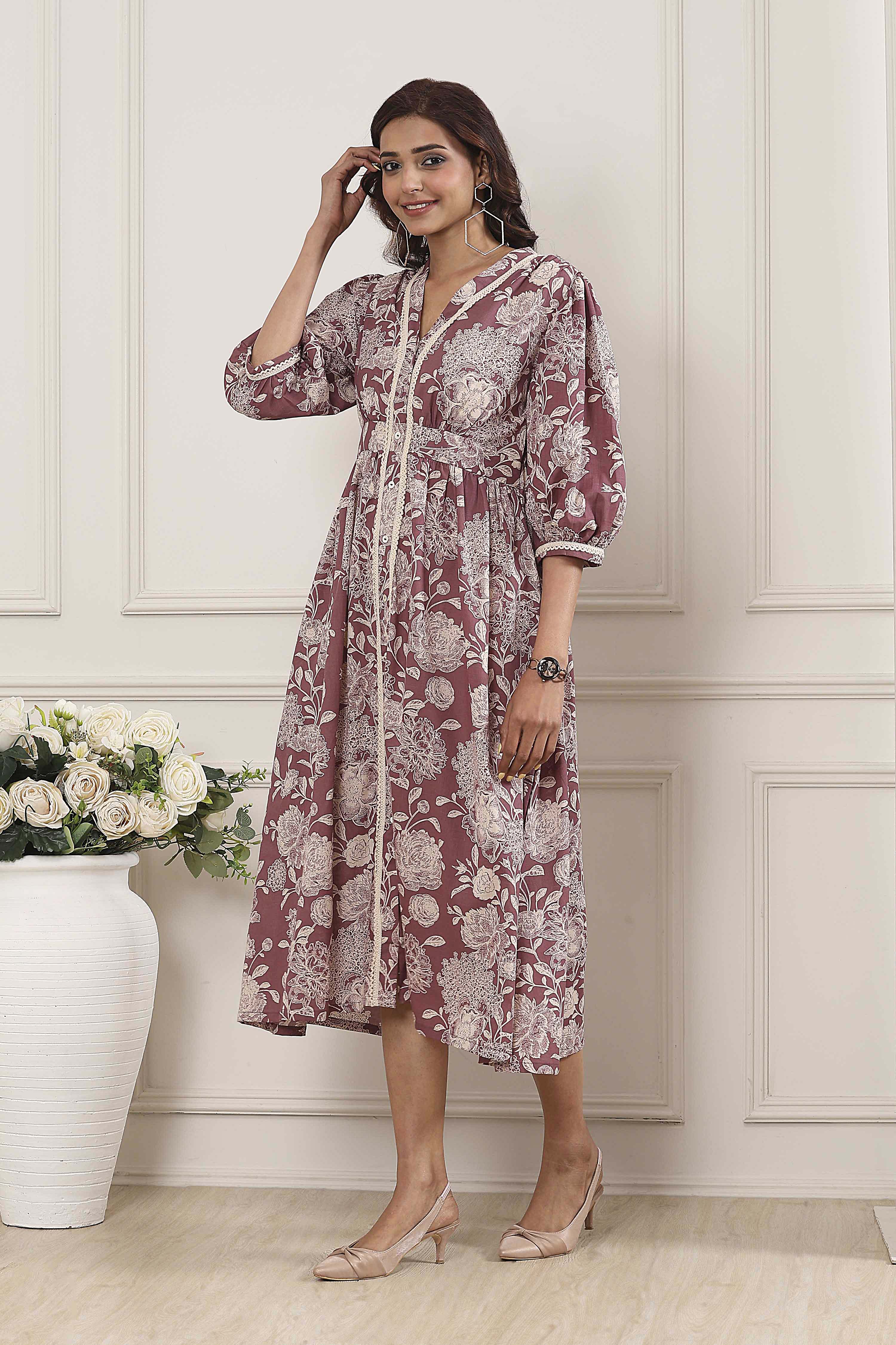 Nude Cotton A-Line Dress image number 2