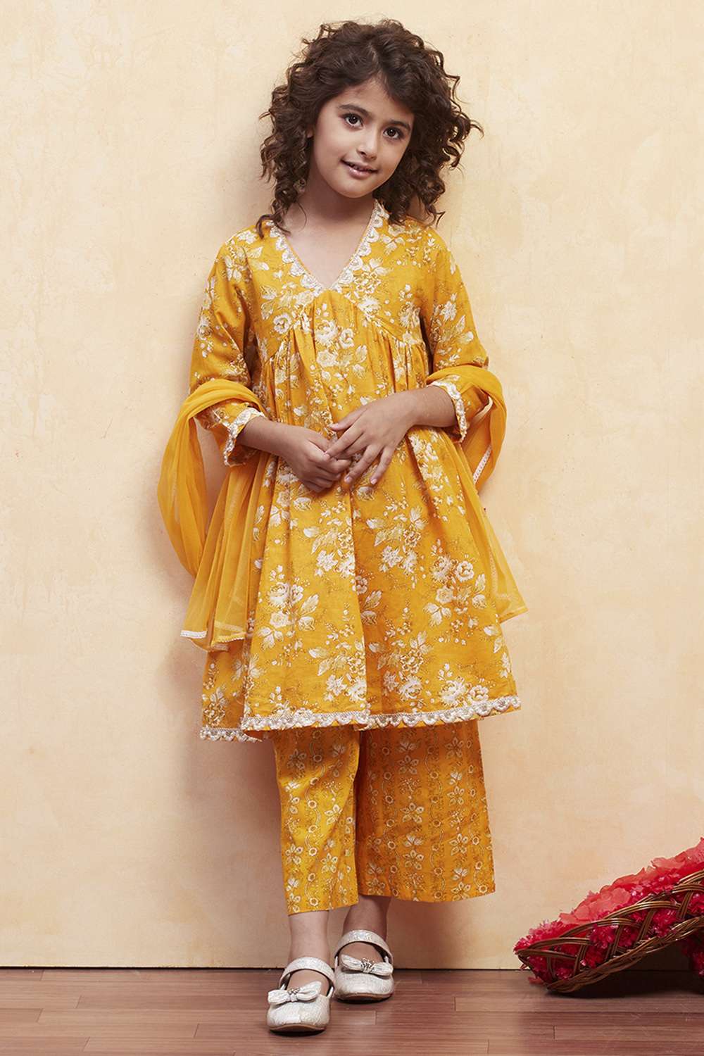 Yellow Cotton Gathered Suit Set image number 0