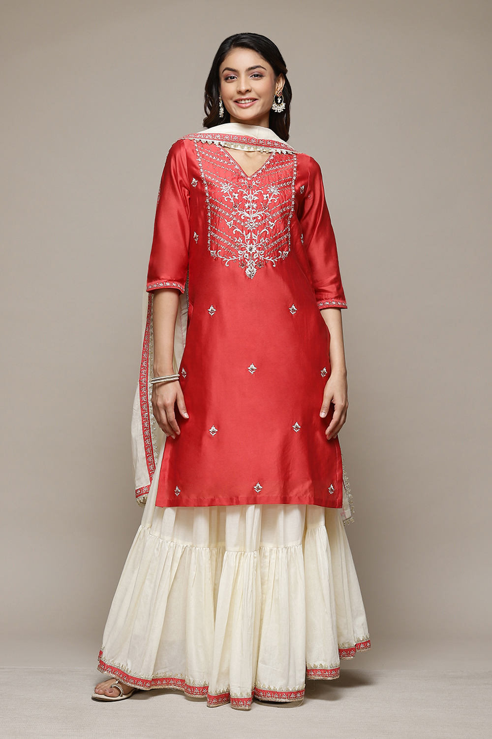 Red & Off White Cotton Blend Straight Kurta Suit Set image number 7