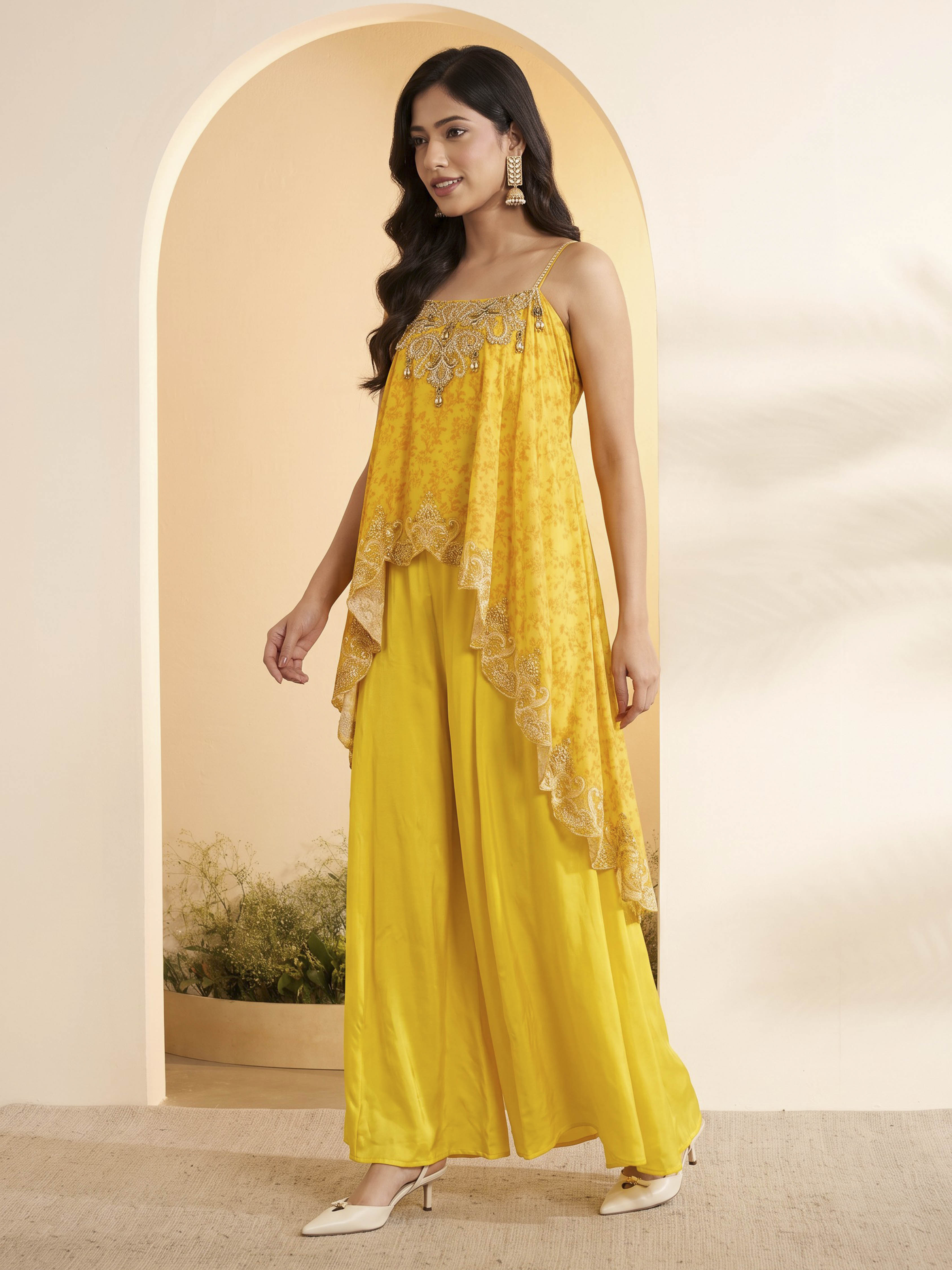 Yellow Modal Satin Asymmetric Suit Set image number 2