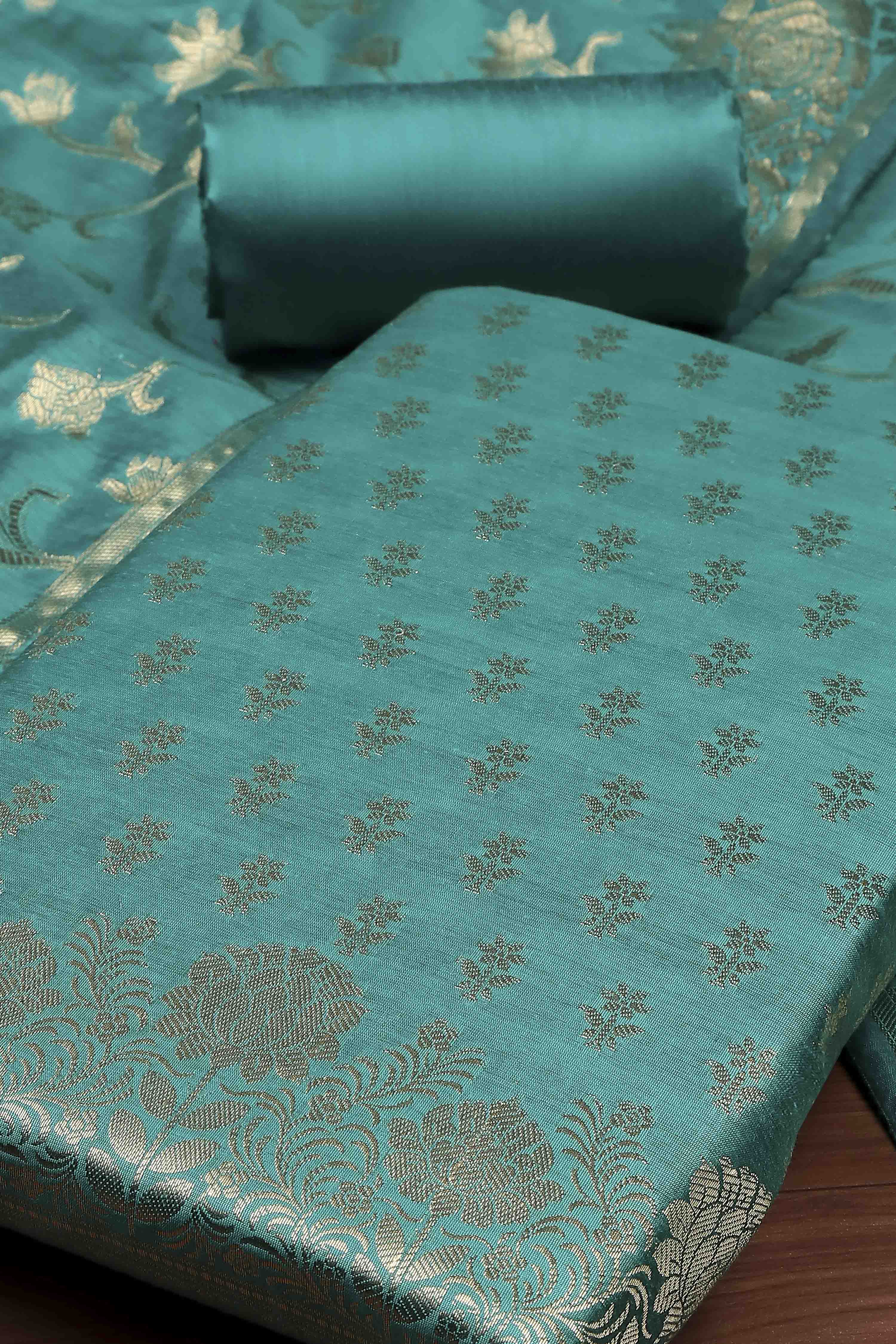 Yellow Banarasi Chanderi Banarasi Print Unstitched Suit Set image number 1