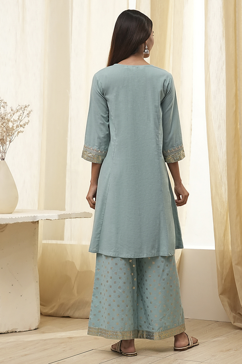 Dull Blue Cotton Embroidered Kalidar Suit Set image number 4