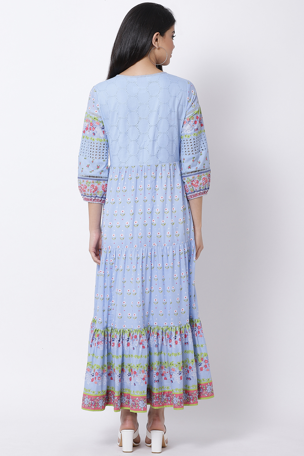 Cyan Blue Cotton Tiered Printed Dress image number 1