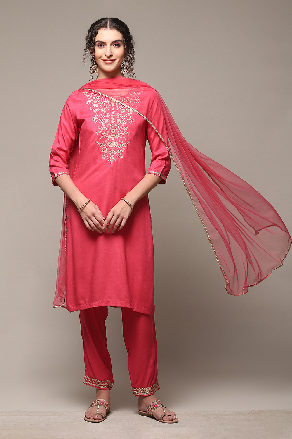 Fuschia Rayon Straight Kurta Regular Pant Suit Set image number 0