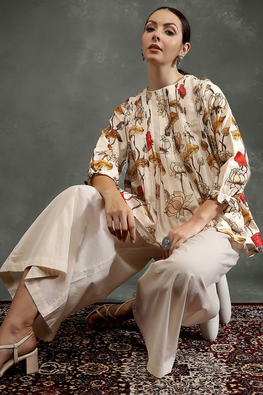 Cream-Colored Silk Chanderi Floral Printed Gathered Co-ord Set image number 0