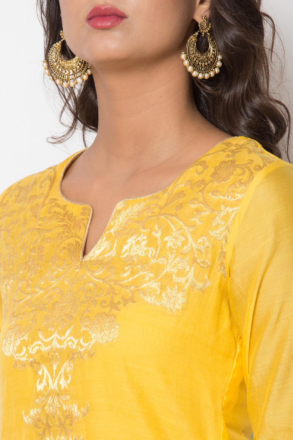 Yellow Poly Metallic Cotton Straight Yarndyed Kurta image number 1