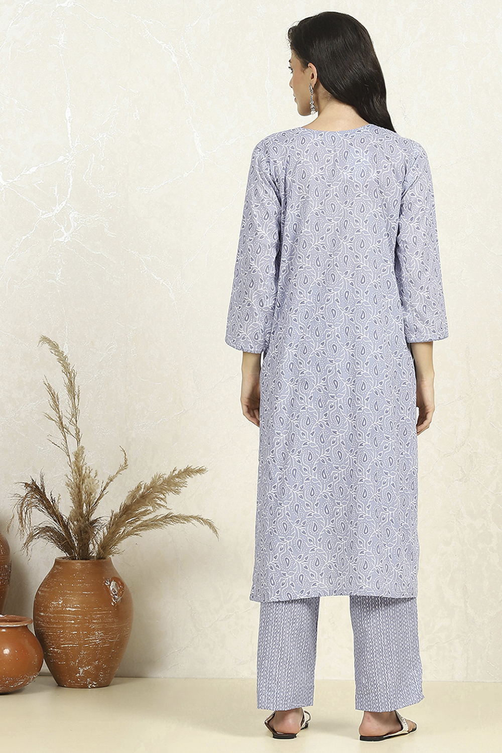 Blue Cotton Unstitched Suit Set image number 5