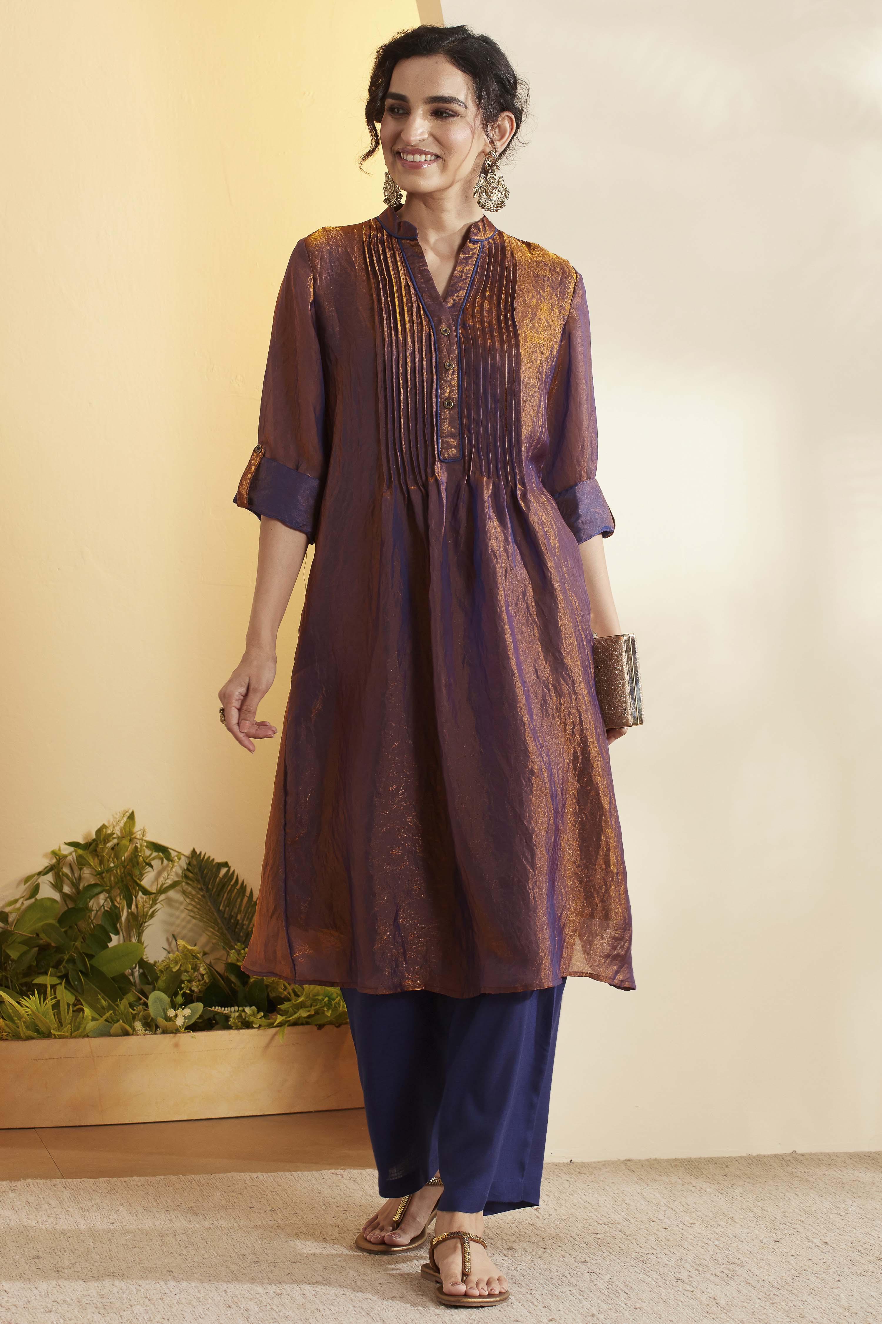 Purple Poly Satin Yarndyed Straight Kurta Set image number 0
