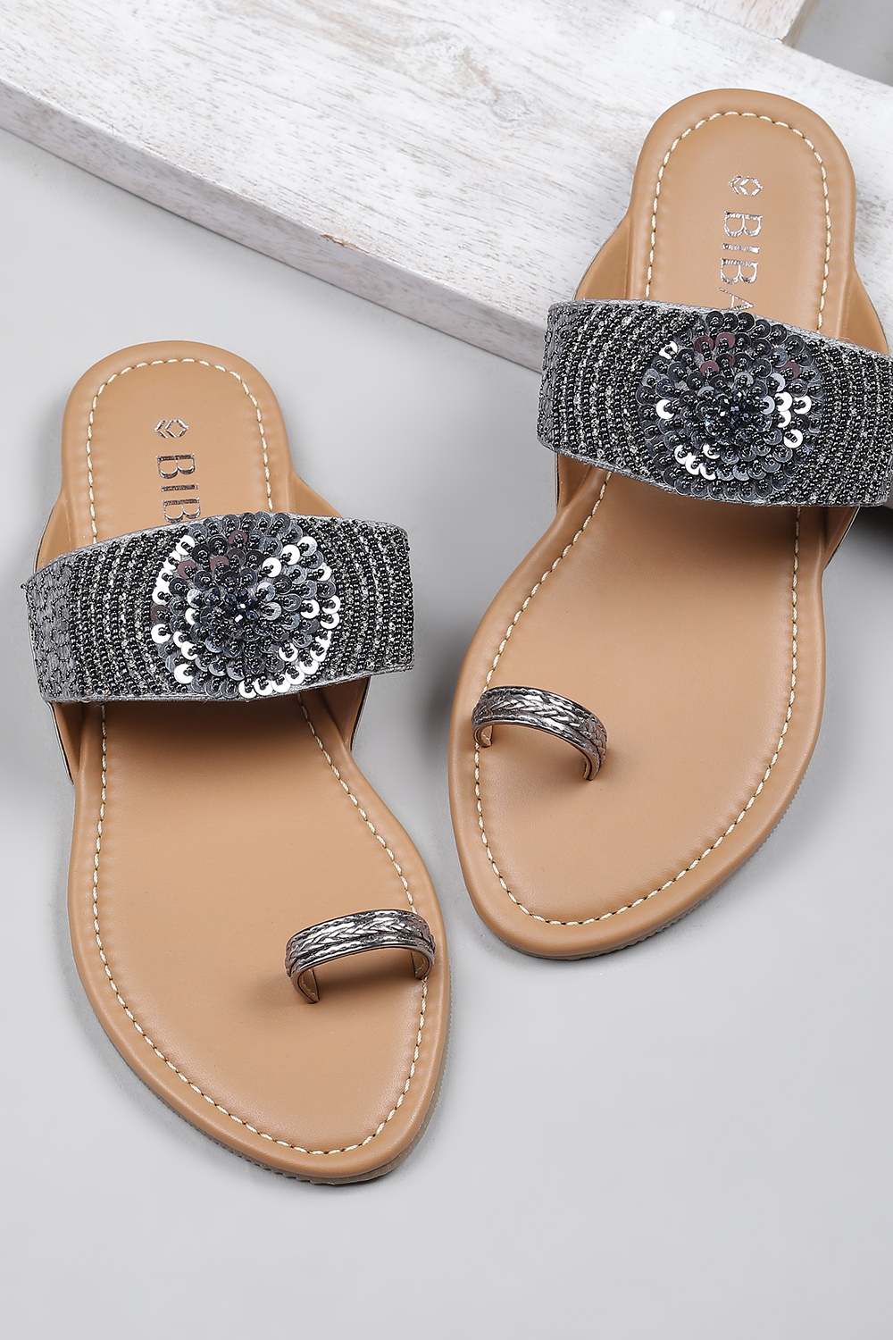 Gun Metal Sequin Embellished Sandals image number 0