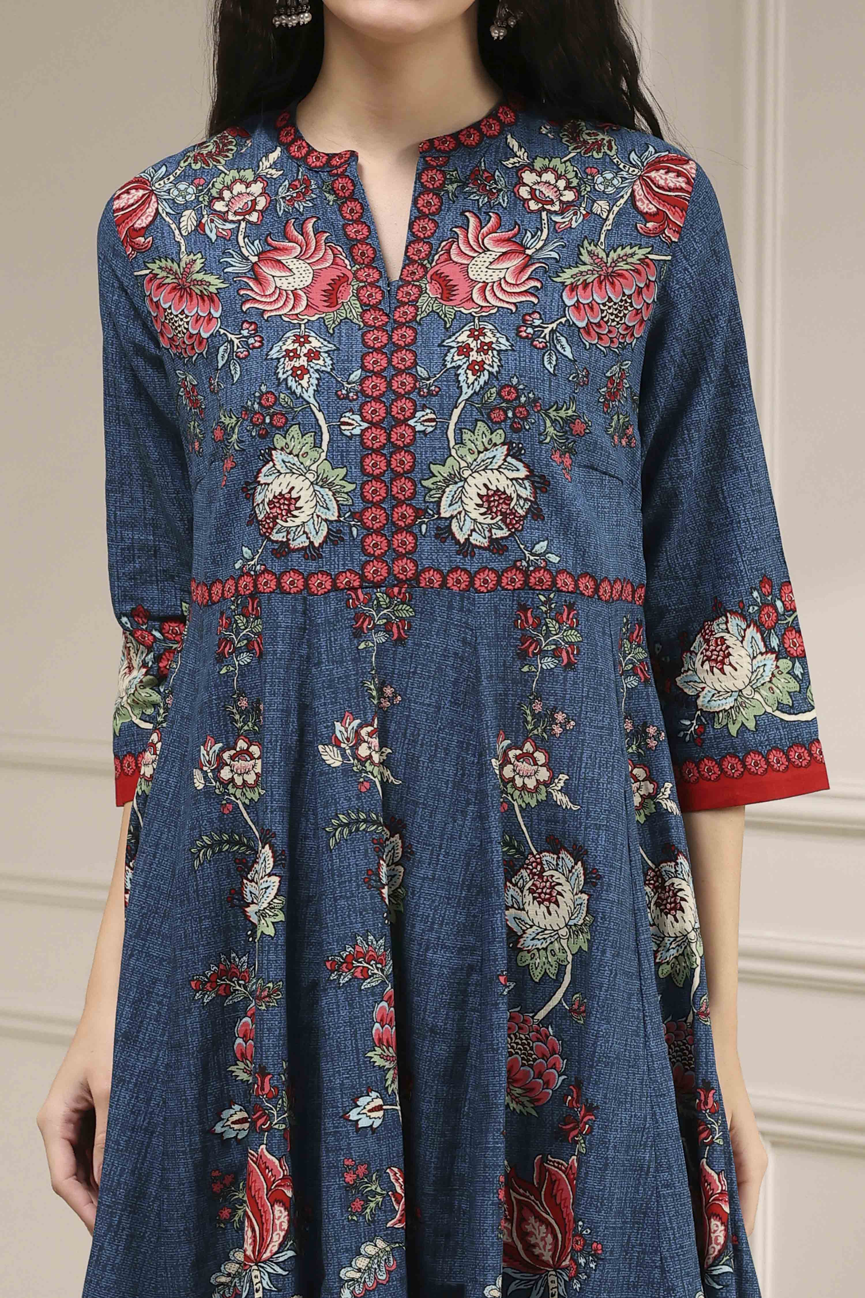 Blue Cotton Printed Anarkali Suit Set image number 1